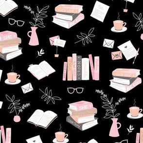 I love books cozy home reading and journaling notebooks and letters flower vase and glasses  nerd design pink blush beige on black 