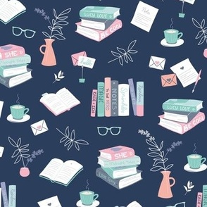 I love books cozy home reading and journaling notebooks and letters flower vase and glasses  nerd design pink blue mint on navy blue 