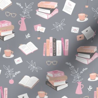 I love books cozy home reading and journaling notebooks and letters flower vase and glasses  nerd design pink orange blush on cool gray 