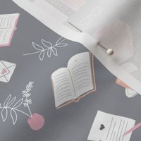 I love books cozy home reading and journaling notebooks and letters flower vase and glasses  nerd design pink orange blush on cool gray 