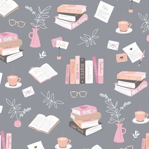 I love books cozy home reading and journaling notebooks and letters flower vase and glasses  nerd design pink orange blush on cool gray 