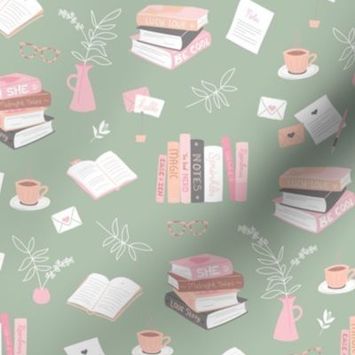 I love books cozy home reading and journaling notebooks and letters flower vase and glasses  nerd design pink orange blush on sage green