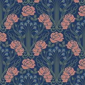 Edgewater Damask: Navy Blue + Dusky Coral Art Nouveau Floral Damask