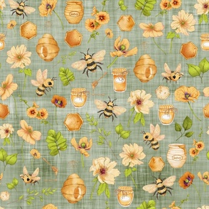 bumble bee floral green linen