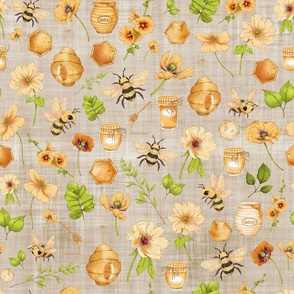 bumble bee floraln brown linen