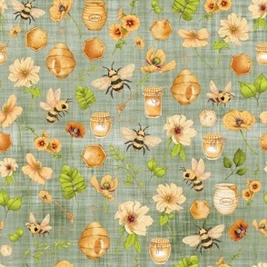 small scale bumble bee floral green linen