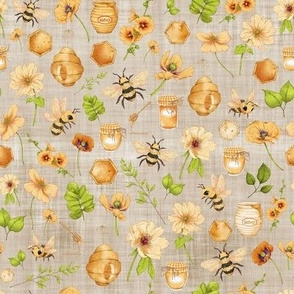 small scale bumble bee floral brown linen