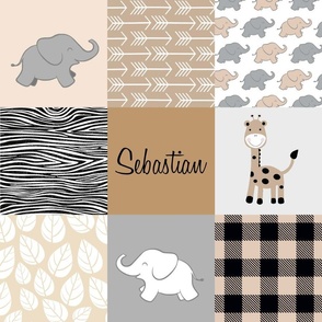 SEBASTIAN Safari Patchwork | Elephants, giraffes, plaid | Tan, Black, Gray | 3x3 6"SQ