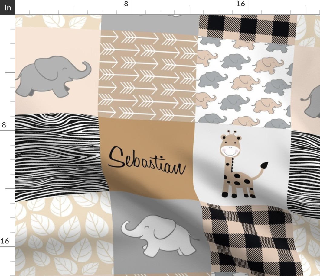 SEBASTIAN Safari Patchwork | Elephants, giraffes, plaid | Tan, Black, Gray | 3x3 6"SQ