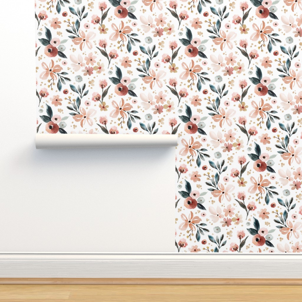 BLUSH PINK FLORAL-JUMBO ON WHITE Wallpaper | Spoonflower