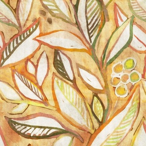 Textured Painted Leaves in Warm Golden Tones and Olive Green - large