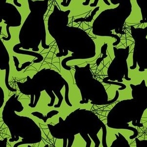 Spooky Black Cats In Spiderwebs Green