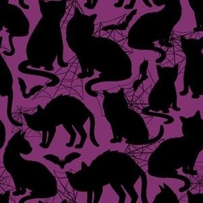 Spooky Black Cats In Spiderwebs Purple