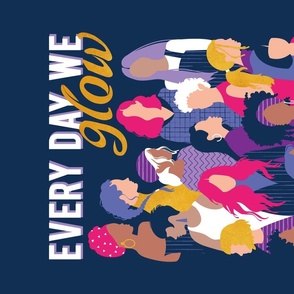 Every day we glow International Women's Day wall hanging or tea towel // midnight navy blue background purple, violet, very peri fuchsia pink and gold humans 