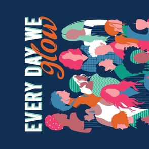 Every day we glow International Women's Day wall hanging or tea towel // midnight navy blue background green curious blue cerise pink and orange copper humans 