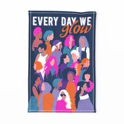 Every day we glow International Women's Day wall hanging or tea towel // midnight navy blue background violet purple curious blue shocking pink and orange copper humans 