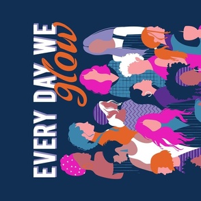 Every day we glow International Women's Day wall hanging or tea towel // midnight navy blue background violet purple curious blue shocking pink and orange copper humans 