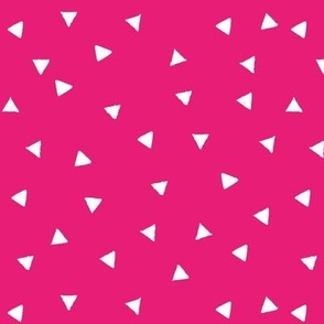 Small scale // Topsy turvy irregular triangles coordinate // fuchsia pink background white triangular shapes 