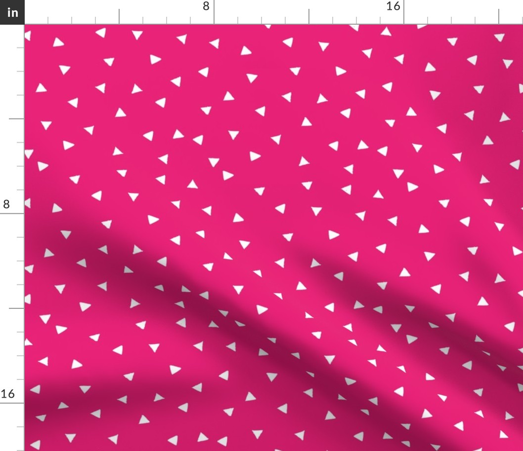 Small scale // Topsy turvy irregular triangles coordinate // fuchsia pink background white triangular shapes 