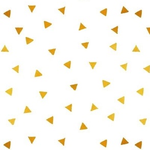 Small scale // Topsy turvy irregular triangles coordinate // white background gold textured triangular shapes 