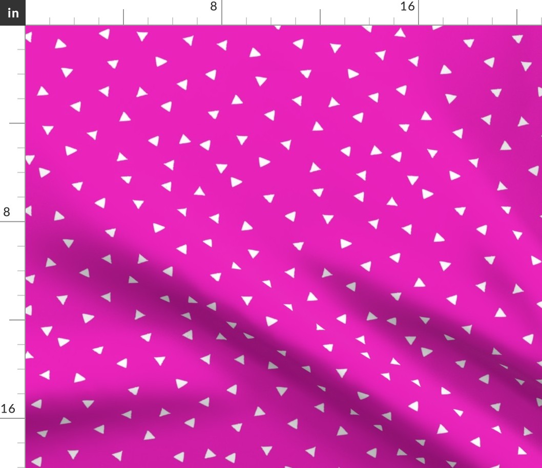 Small scale // Topsy turvy irregular triangles coordinate // shocking pink background white triangular shapes 