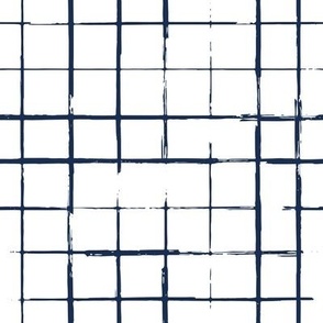 Small scale // Grunge brush stroke plaid // white background midnight navy blue grid 