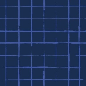 Small scale // Grunge brush stroke plaid // midnight navy blue background white grid 