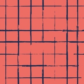 Small scale // Grunge brush stroke plaid // coral background midnight navy blue grid 