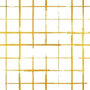 Small scale // Grunge brush stroke plaid // white background gold texture grid 