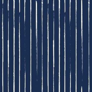 Small scale // Grunge brush stroke vertical stripes // midnight navy blue background white brushes