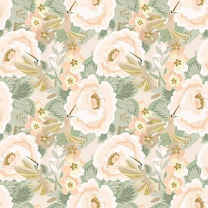 Roses and Hummingbirds Neutral Wall paper pretty neutral - pastels- soft -small scale