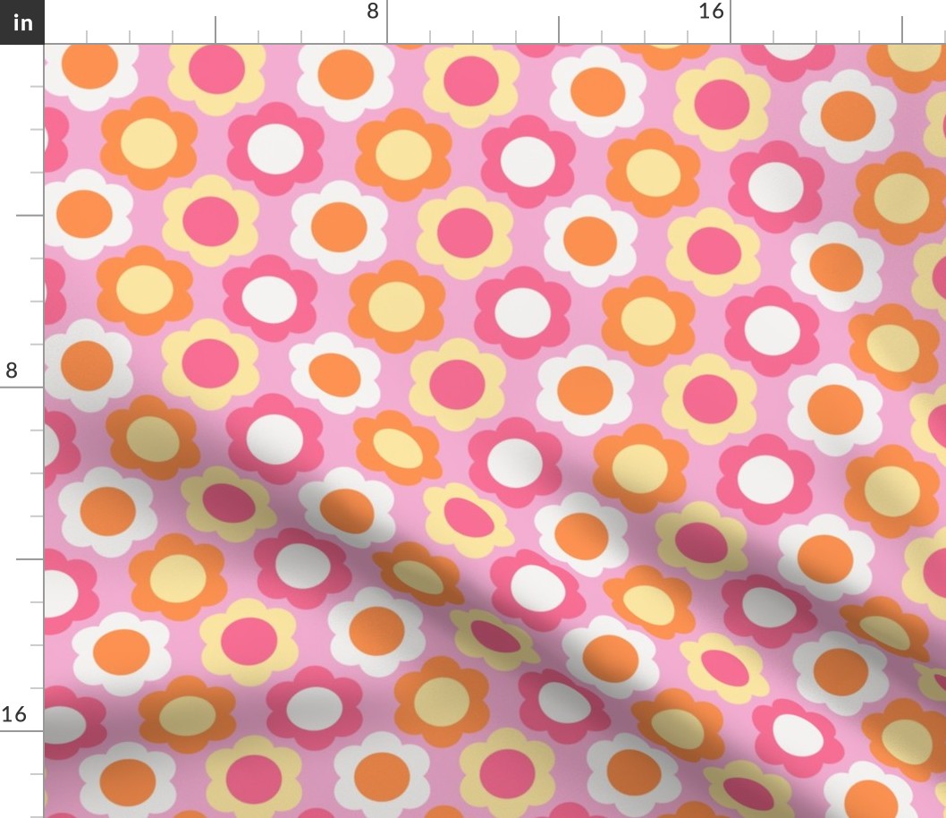 Retro Flowers Geometric Floral 60s 70s in Pink and Orange