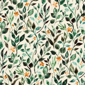Olive Green Garden Leaves and Warm Orange Flowers in Watercolor - large