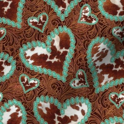 Turquoise jewel Hearts cowhide on Tooled faux Leather 