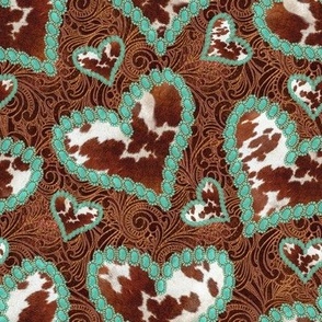 Turquoise jewel Hearts cowhide on Tooled faux Leather 