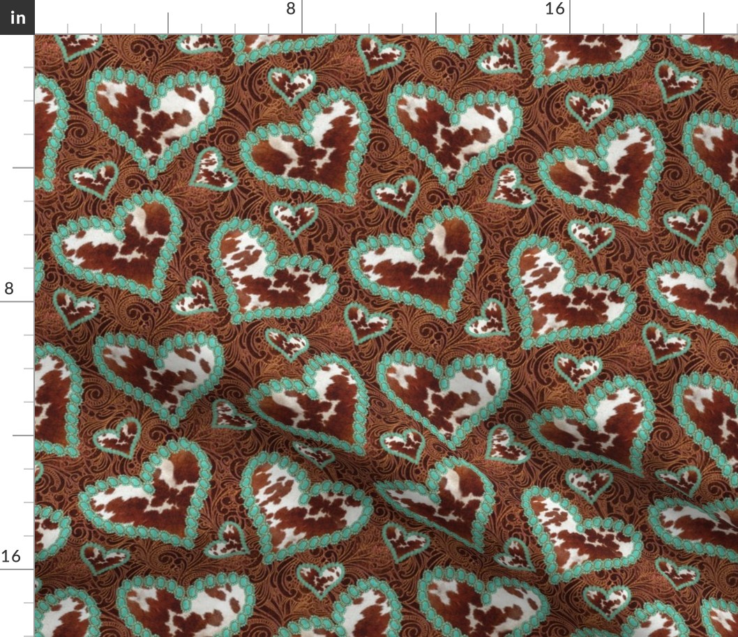 Turquoise jewel Hearts cowhide on Tooled faux Leather 