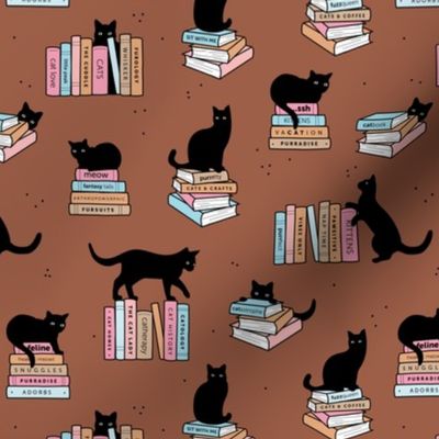 Library of cats and books kitten and cat lovers reading theme design pink blue blush on rust copper