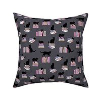Library of cats and books kitten and cat lovers reading theme design pink lilac on deep purple