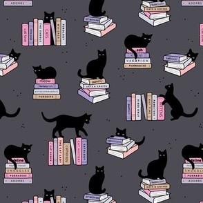 Library of cats and books kitten and cat lovers reading theme design pink lilac on deep purple