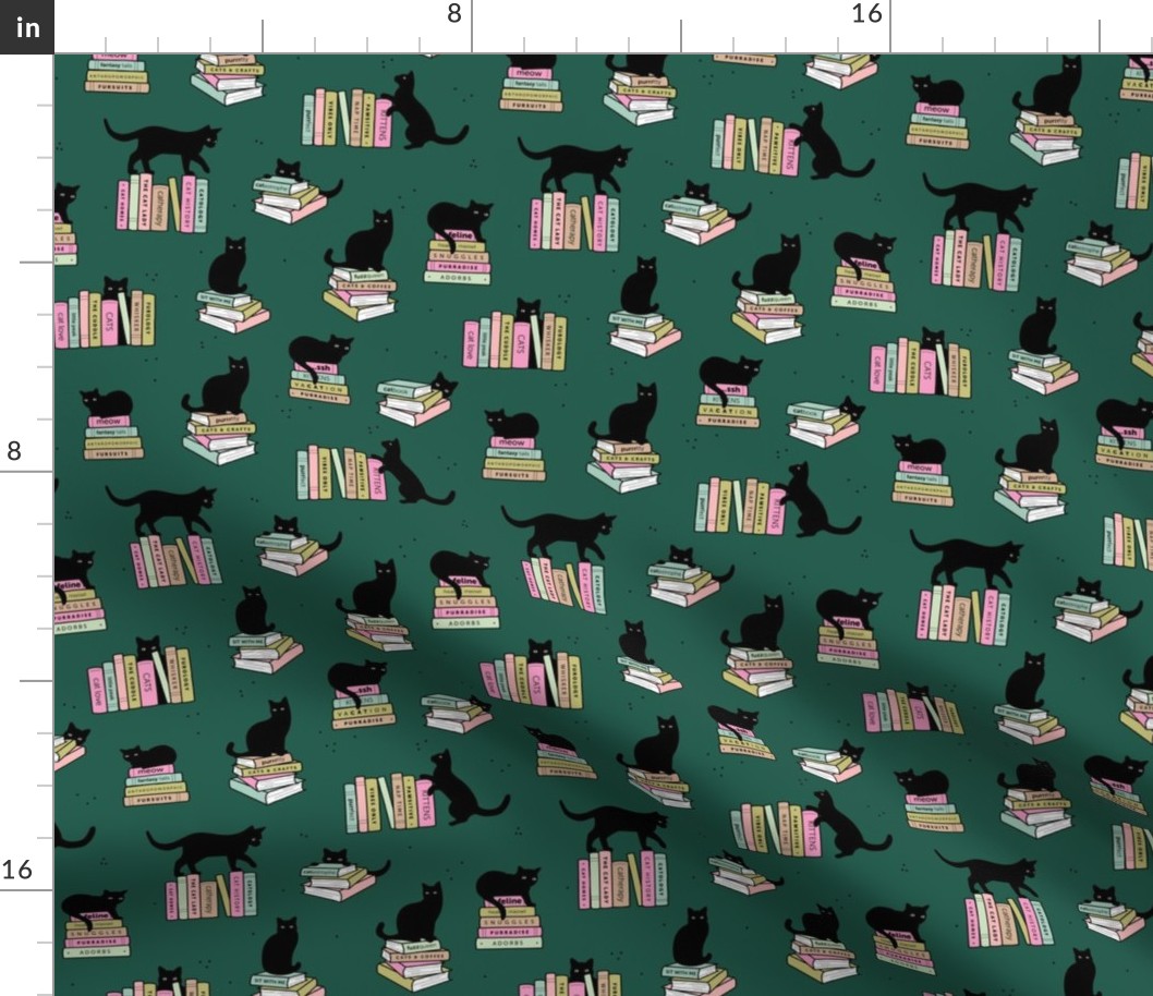 Library of cats and books kitten and cat lovers reading theme design pink mint blush on green