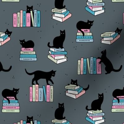 Library of cats and books kitten and cat lovers reading theme design pink blush blue on cool gray