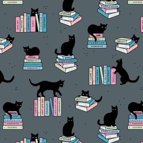 Library of cats and books kitten and cat lovers reading theme design pink blush blue on cool gray