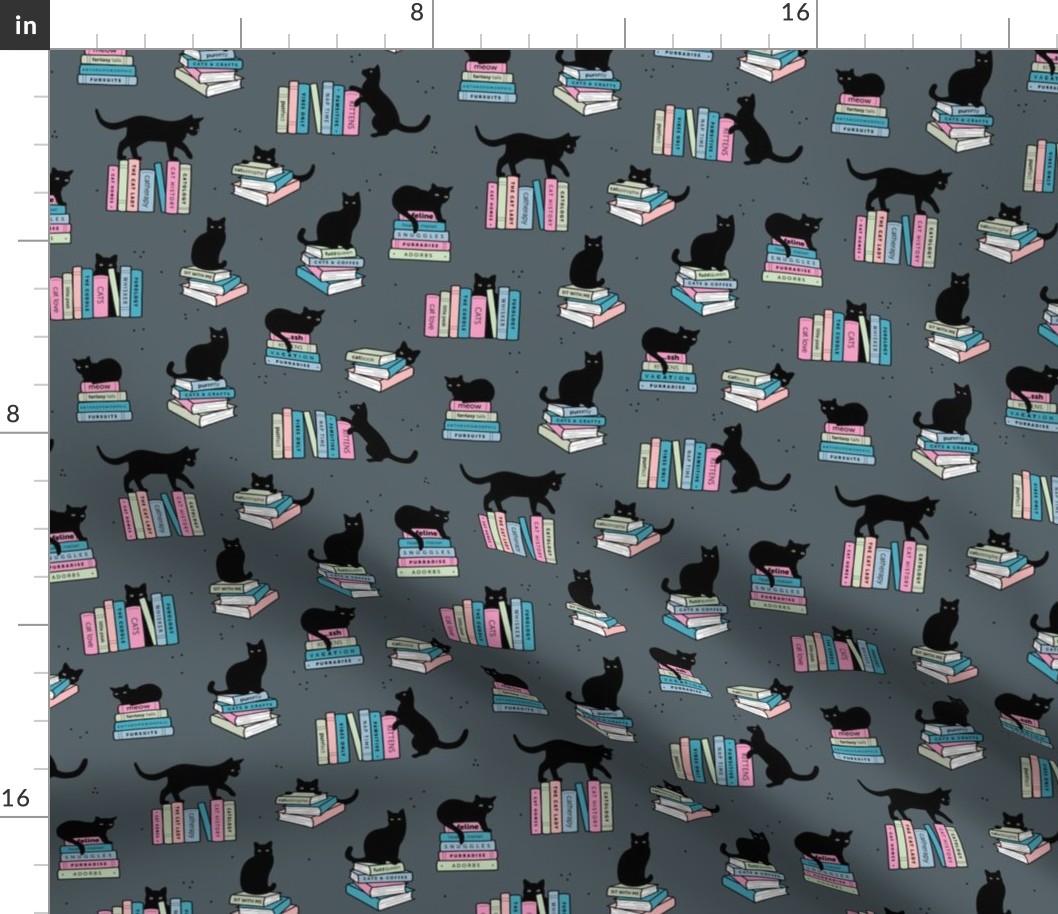 Library of cats and books kitten and cat lovers reading theme design pink blush blue on cool gray