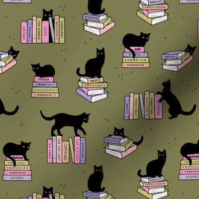 Library of cats and books kitten and cat lovers reading theme design pink lilac blush on olive green 