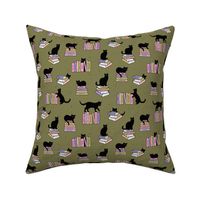Library of cats and books kitten and cat lovers reading theme design pink lilac blush on olive green 