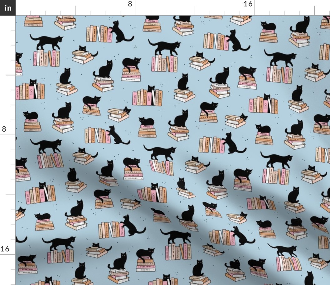 Library of cats and books kitten and cat lovers reading theme design pink blush beige on soft baby blue
