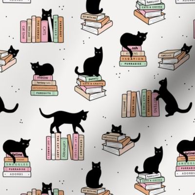 Library of cats and books kitten and cat lovers reading theme design pink mint blush pastel on ivory white 