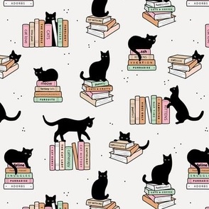 Library of cats and books kitten and cat lovers reading theme design pink mint blush pastel on ivory white 