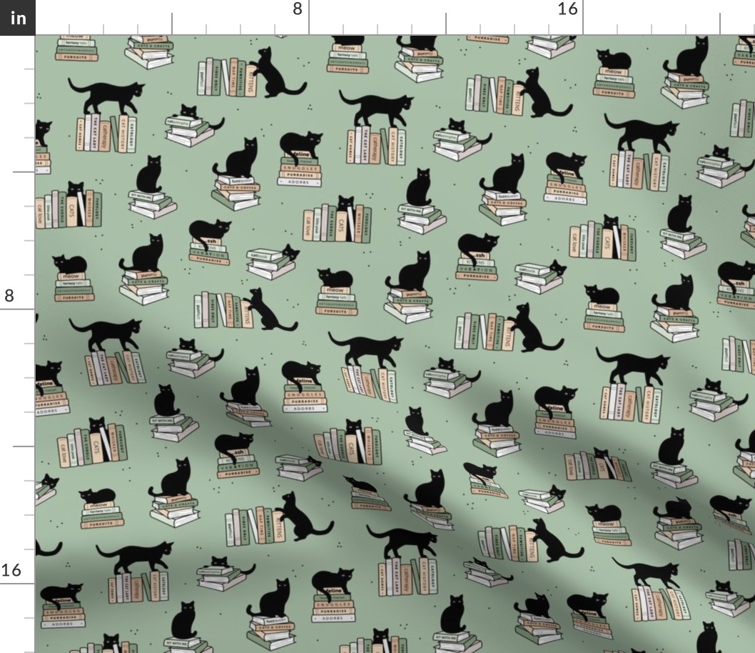 Library of cats and books kitten and cat lovers reading theme design neutral beige green on sage 