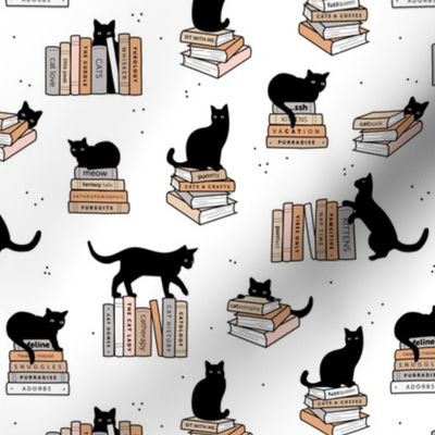 Library of cats and books kitten and cat lovers reading theme design neutral beige gray on white 